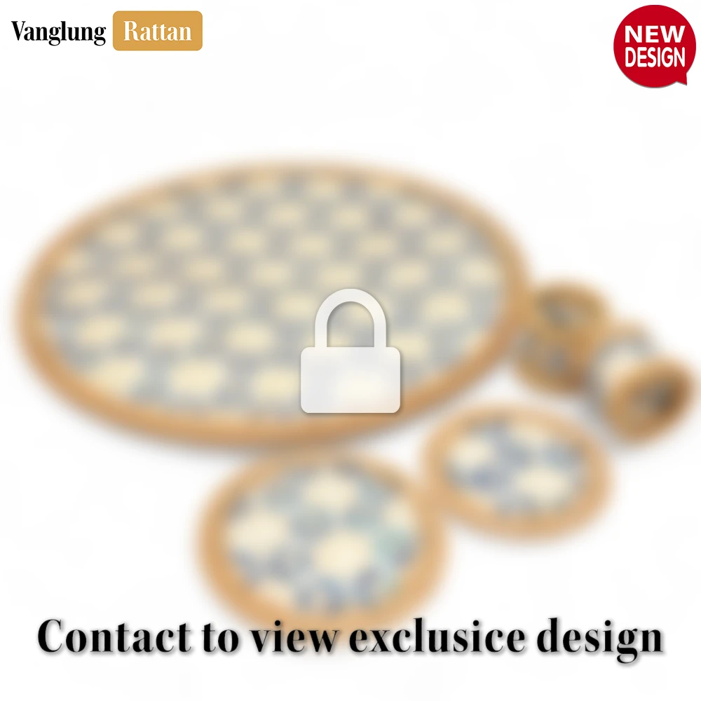 Rattan Export Round Natural Handwoven Bamboo Rattan Placemat with Blue Lattice Pattern - REX-UP054010-B