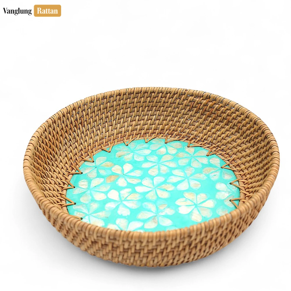 Rattan Export Round Mother of Pearl Inlaid Straw Rattan Serving Bowl - REX-TW01BL0019