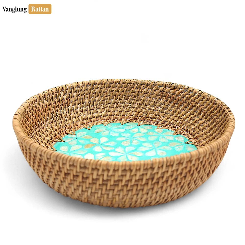 Rattan Export Round Mother of Pearl Inlaid Straw Rattan Serving Bowl - REX-TW01BL0019