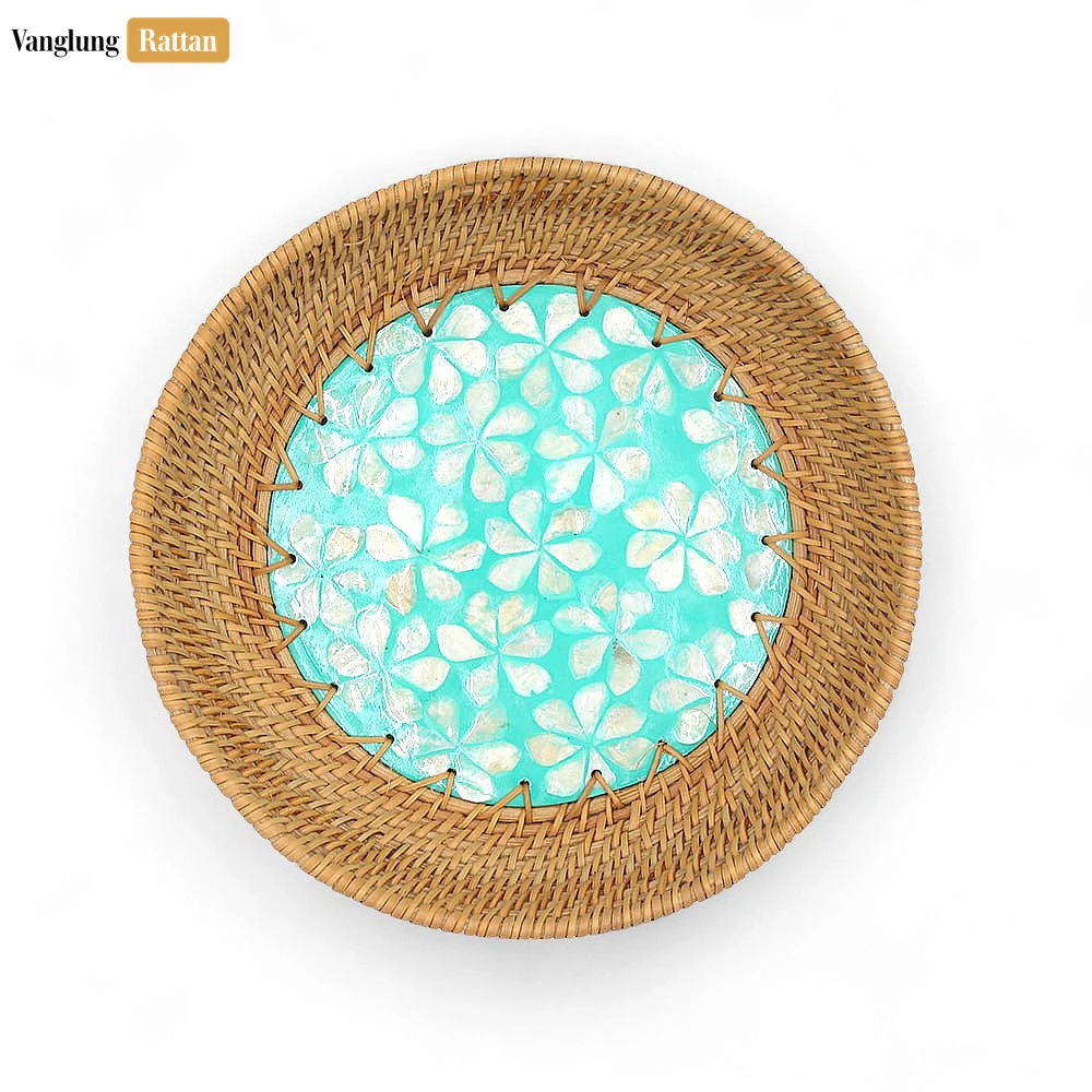 Rattan Export Round Mother of Pearl Inlaid Straw Rattan Serving Bowl - REX-TW01BL0019