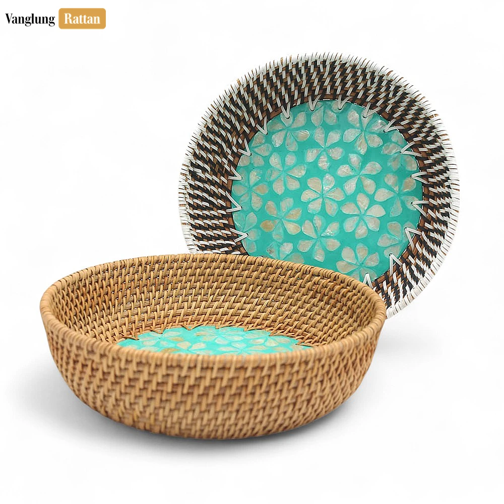 Rattan Export Round Mother of Pearl Inlaid Straw Rattan Serving Bowl - REX-TW01BL0019