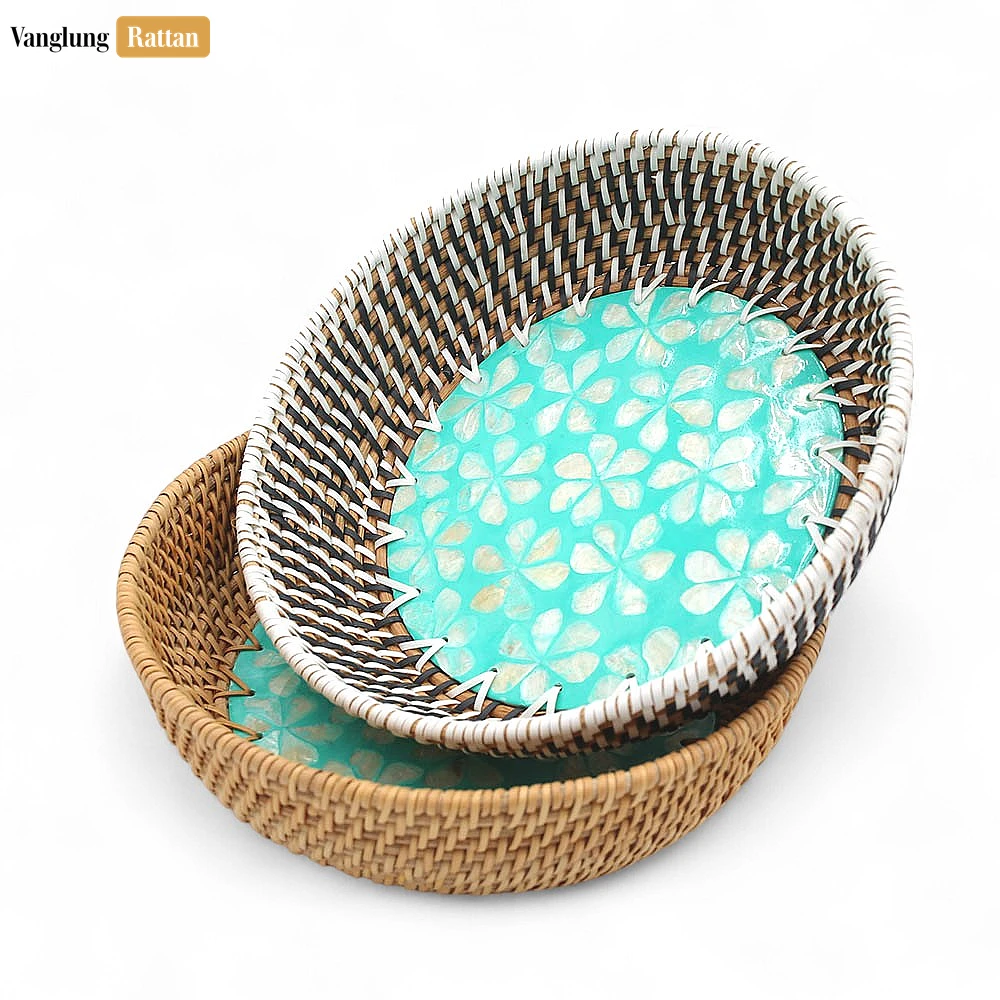 Rattan Export Round Mother of Pearl Inlaid Straw Rattan Serving Bowl - REX-TW01BL0019