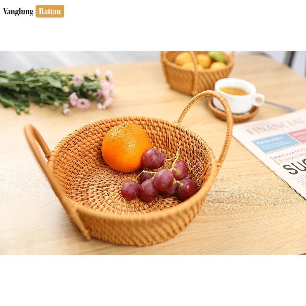 Rattan Export Natural Handwoven Straw Rattan Serving Bowl with Handles - REX-TW01BL0002