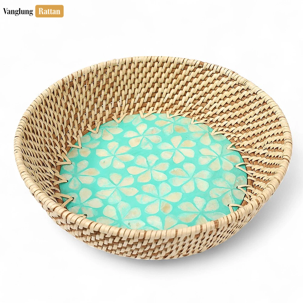 Rattan Export Aqua Floral Inlay Rattan Mother of Pearl Serving Bowl - REX-TW02BL0018F2