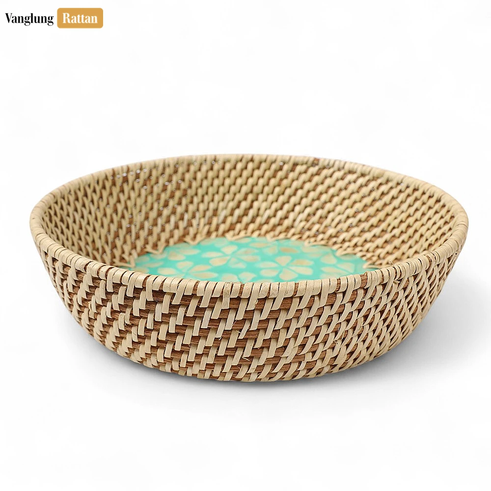 Rattan Export Aqua floral incrustación ratán nácar cuenco de servicio - REX-TW02BL0018F2