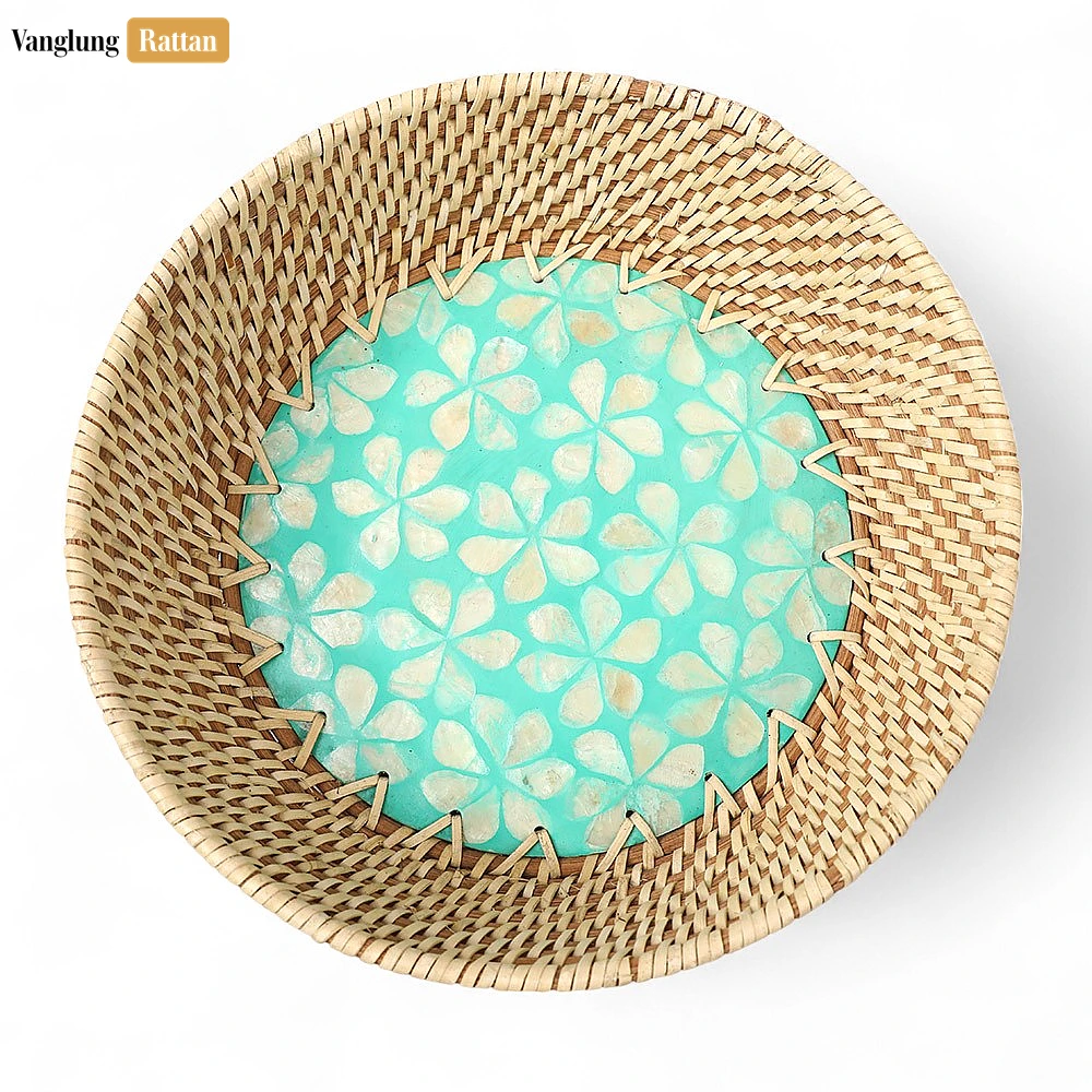 Rattan Export Aqua floral incrustación ratán nácar cuenco de servicio - REX-TW02BL0018F2