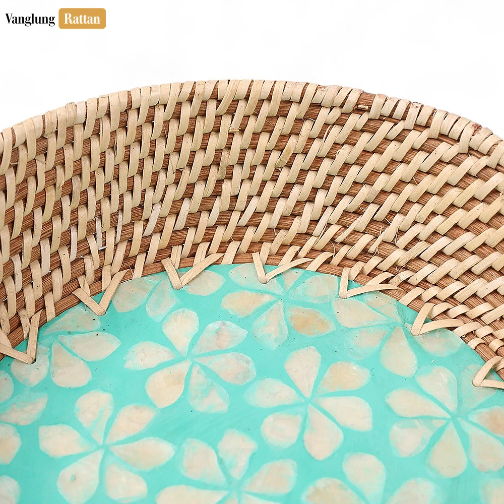 Rattan Export Aqua floral incrustación ratán nácar cuenco de servicio - REX-TW02BL0018F2
