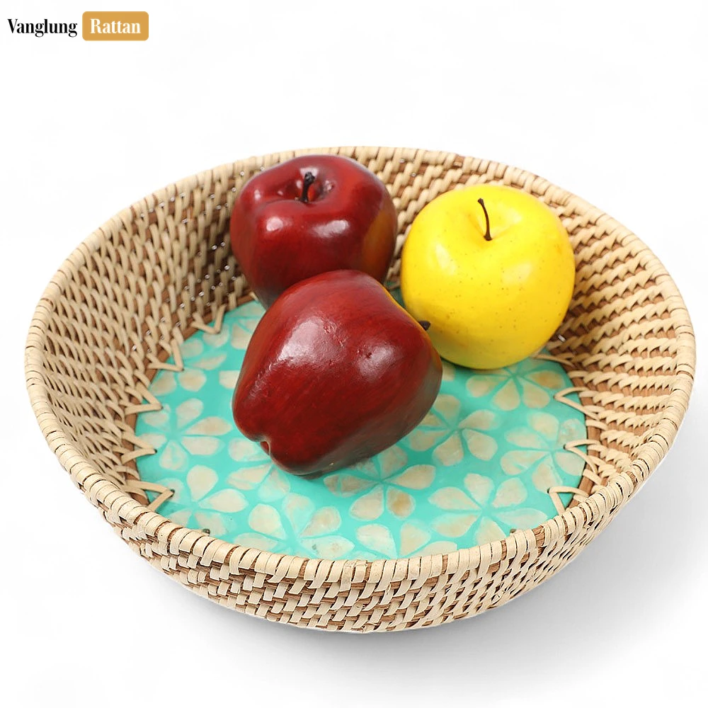 Rattan Export Aqua floral incrustación ratán nácar cuenco de servicio - REX-TW02BL0018F2
