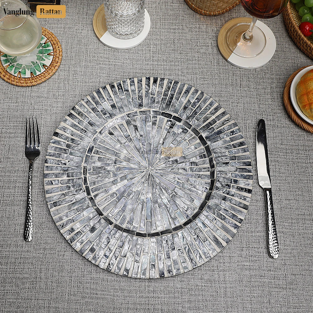 Rattan Export Charcoal Grey Mother of Pearl Mosaic Charger Plate - REX-UP06KT1008