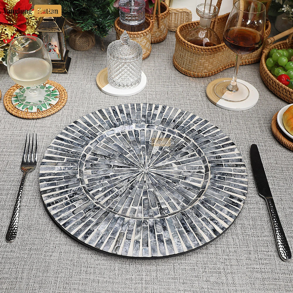 Rattan Export Charcoal Grey Mother of Pearl Mosaic Charger Plate - REX-UP06KT1008