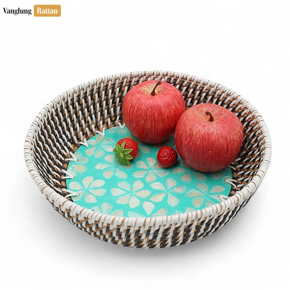 Rattan Export Aqua Bloom Inlaid Mother of Pearl Rattan Serving Bowl - REX-TW02BL0018F1