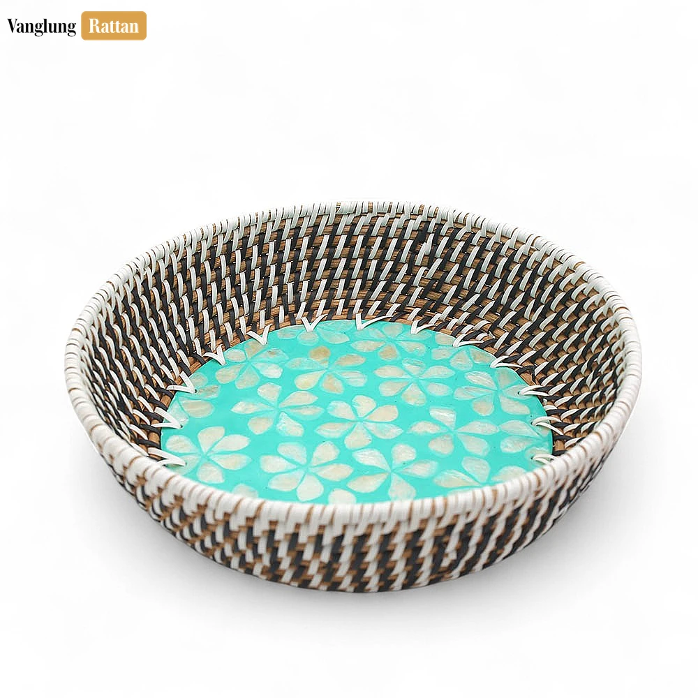 Rattan Export Aqua Bloom Inlaid Mother of Pearl Rattan Serving Bowl - REX-TW02BL0018F1
