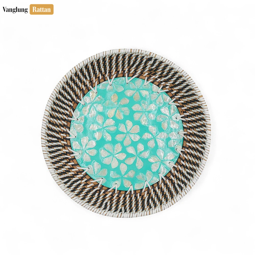 Rattan Export Aqua Bloom Inlaid Mother of Pearl Rattan Serving Bowl - REX-TW02BL0018F1