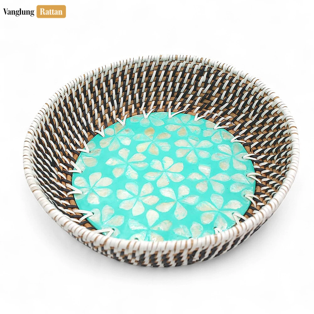 Rattan Export Aqua Bloom Inlaid Mother of Pearl Rattan Serving Bowl - REX-TW02BL0018F1