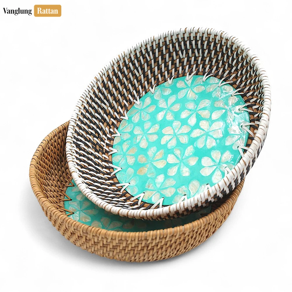 Rattan Export Aqua Bloom Inlaid Mother of Pearl Rattan Serving Bowl - REX-TW02BL0018F1