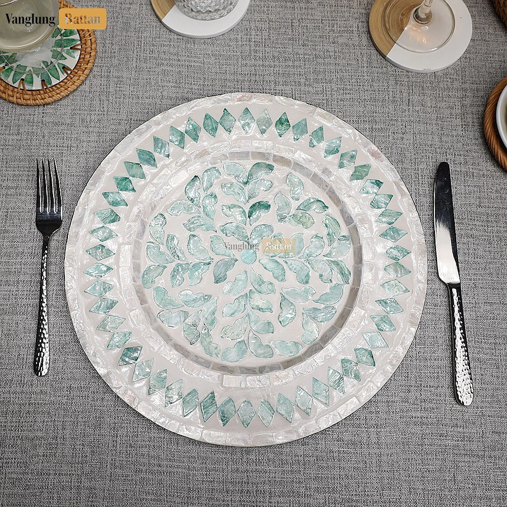 Rattan Export Handmade Mother of Pearl Charger Plate with Leaf & Diamond Mosaic - REX-UP06KT1006