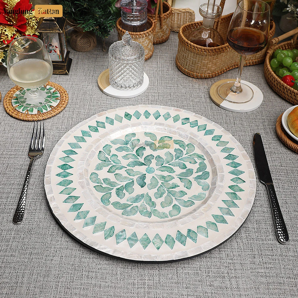 Rattan Export Handmade Mother of Pearl Charger Plate with Leaf & Diamond Mosaic - REX-UP06KT1006