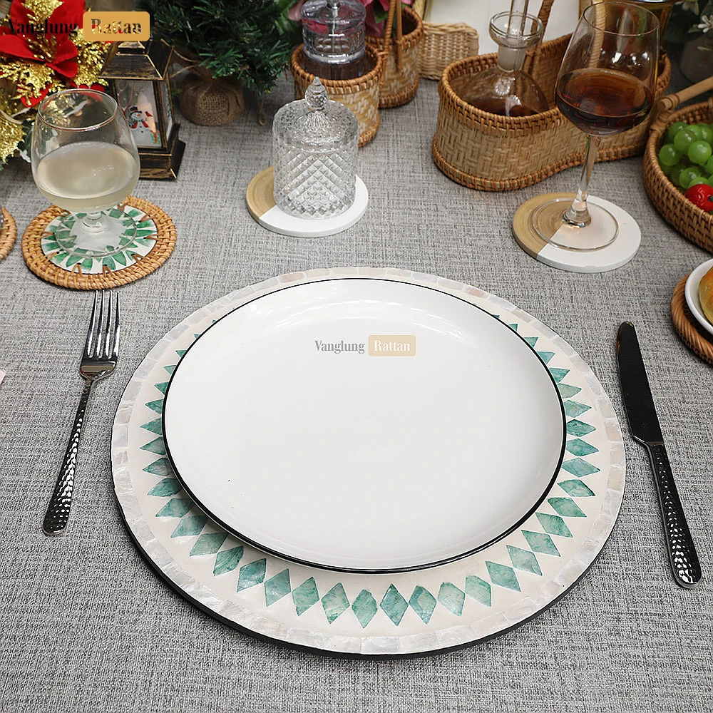 Rattan Export Handmade Mother of Pearl Charger Plate with Leaf & Diamond Mosaic - REX-UP06KT1006