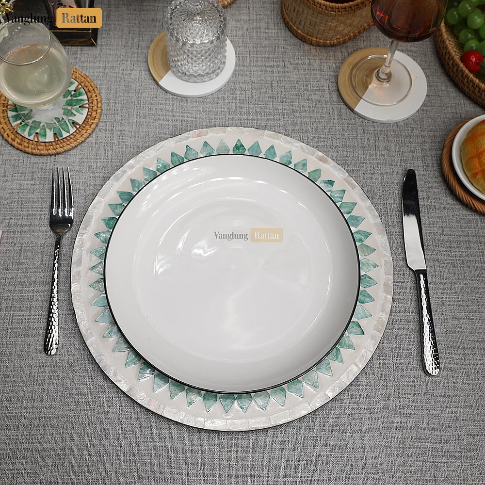 Rattan Export Handmade Mother of Pearl Charger Plate with Leaf & Diamond Mosaic - REX-UP06KT1006