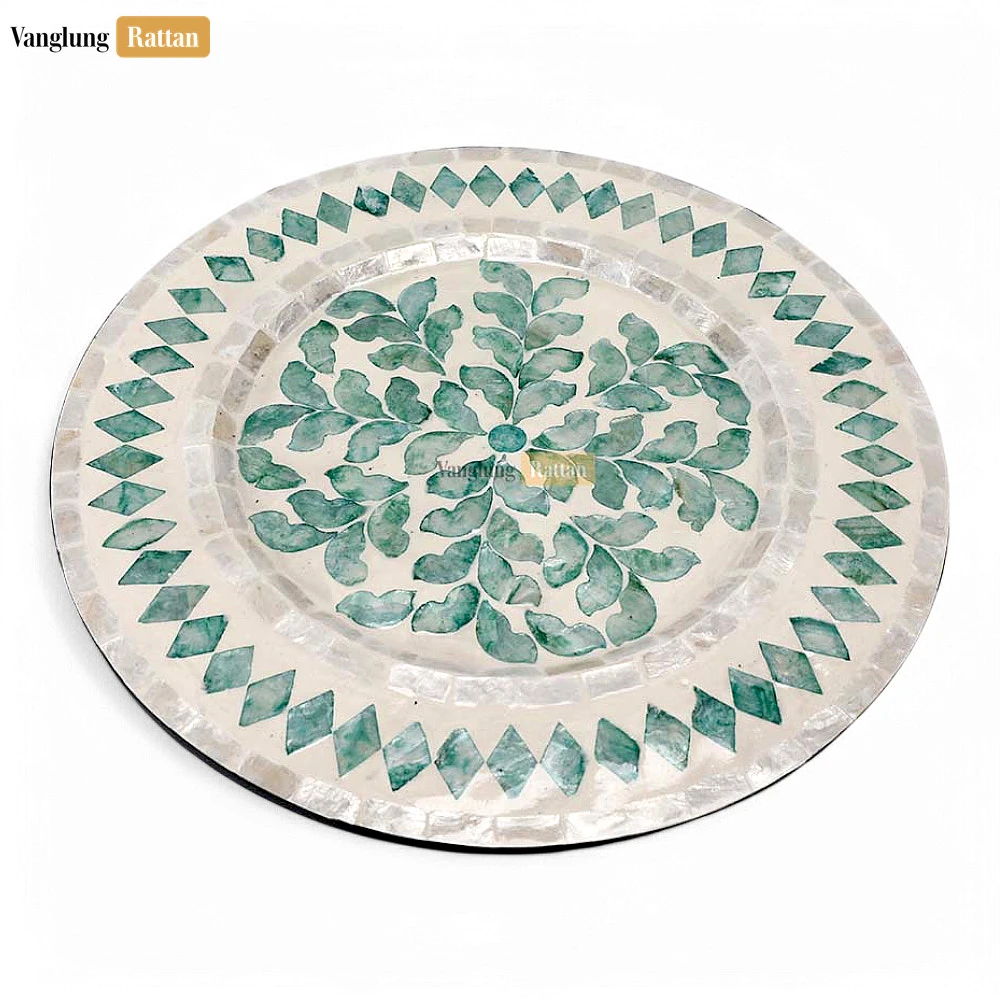 Rattan Export Handmade Mother of Pearl Charger Plate with Leaf & Diamond Mosaic - REX-UP06KT1006