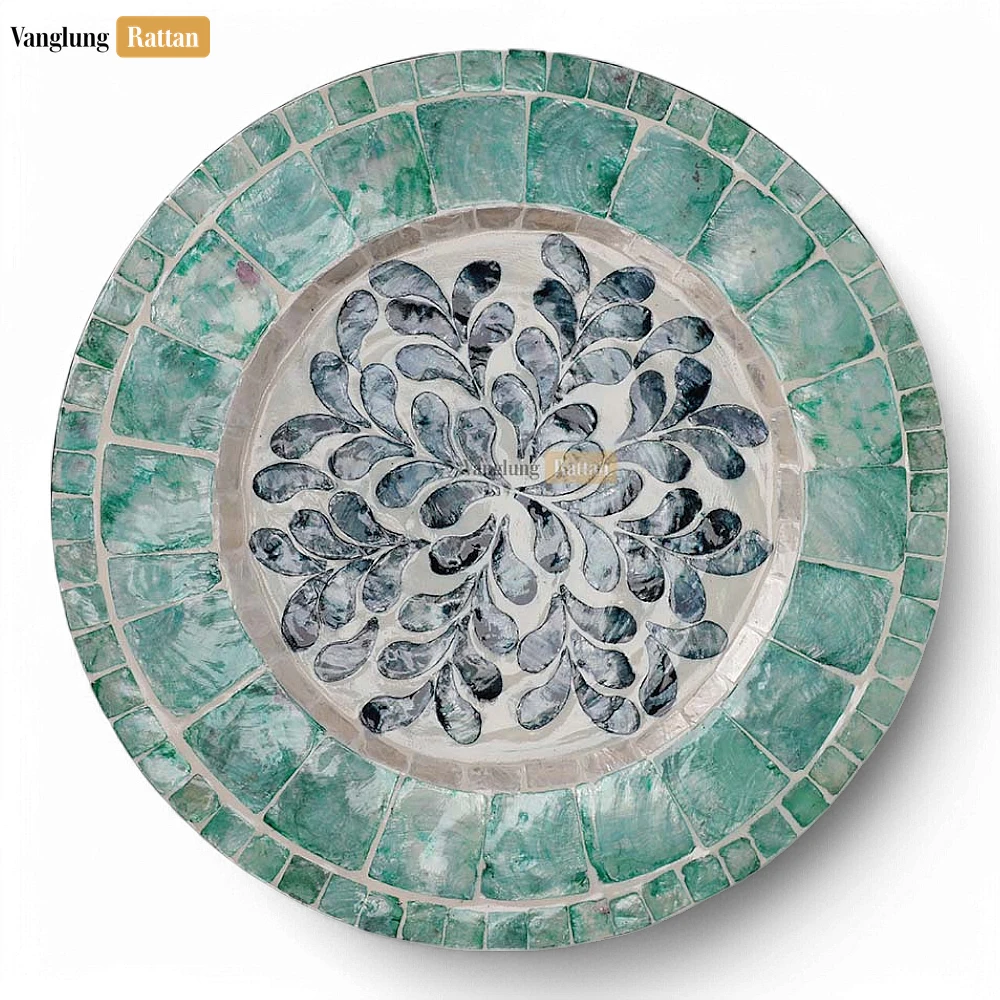Rattan Export Handcrafted Round Charger Plate with Abstract Floral Shell Inlay - REX-UP06KT1005