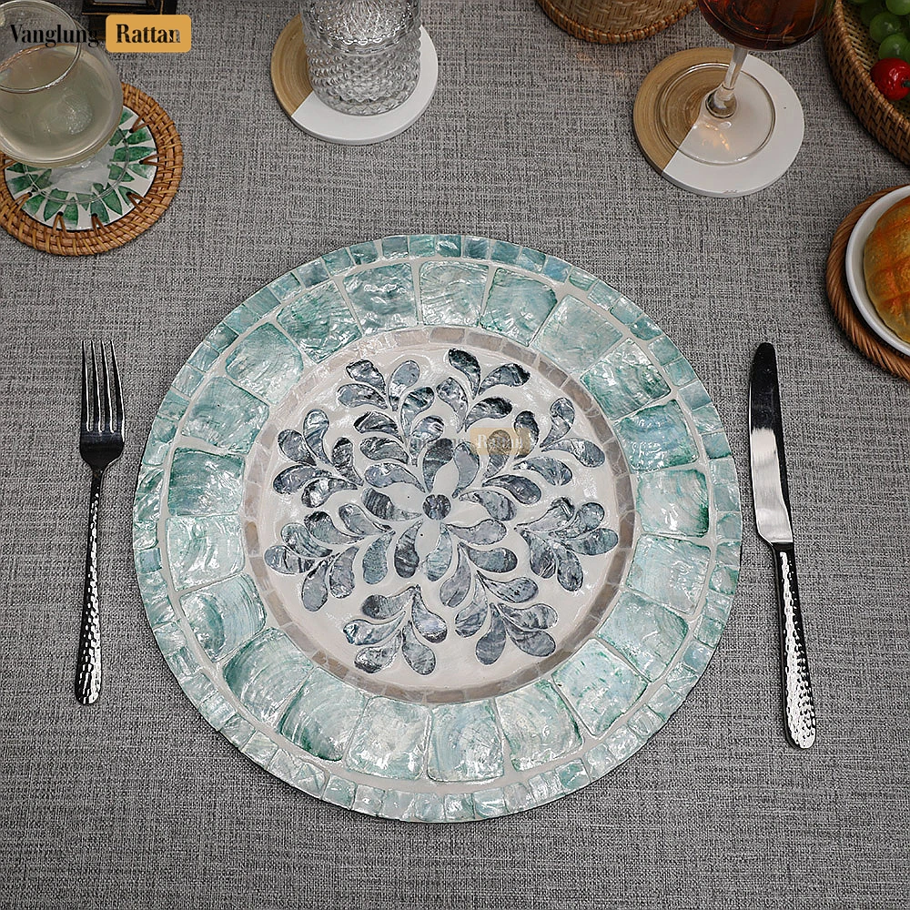 Rattan Export Handcrafted Round Charger Plate with Abstract Floral Shell Inlay - REX-UP06KT1005