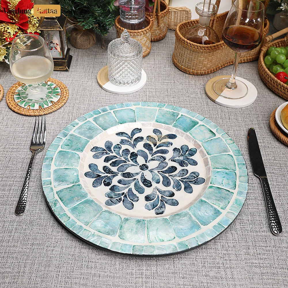 Rattan Export Handcrafted Round Charger Plate with Abstract Floral Shell Inlay - REX-UP06KT1005