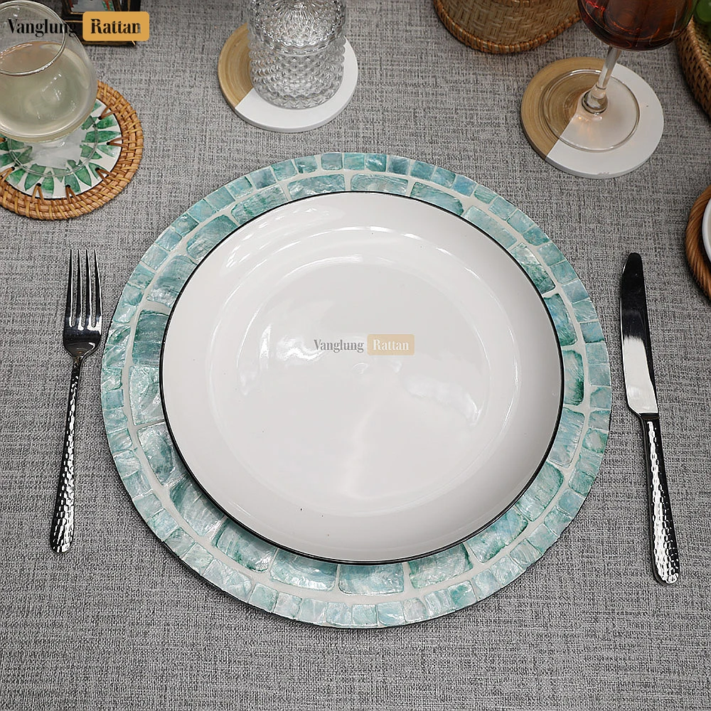 Rattan Export Handcrafted Round Charger Plate with Abstract Floral Shell Inlay - REX-UP06KT1005