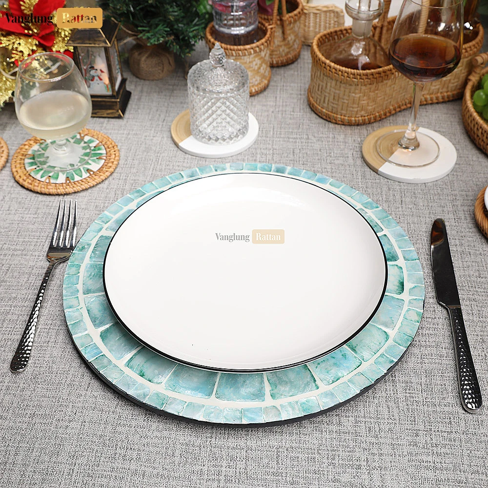 Rattan Export Handcrafted Round Charger Plate with Abstract Floral Shell Inlay - REX-UP06KT1005