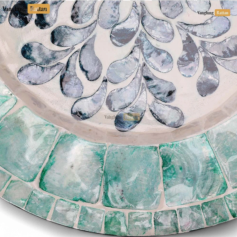 Rattan Export Handcrafted Round Charger Plate with Abstract Floral Shell Inlay - REX-UP06KT1005