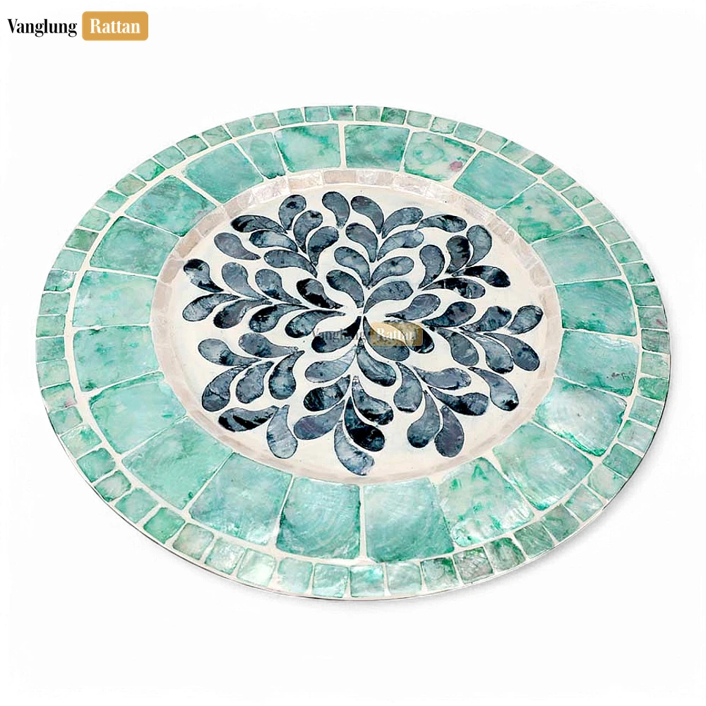 Rattan Export Handcrafted Round Charger Plate with Abstract Floral Shell Inlay - REX-UP06KT1005
