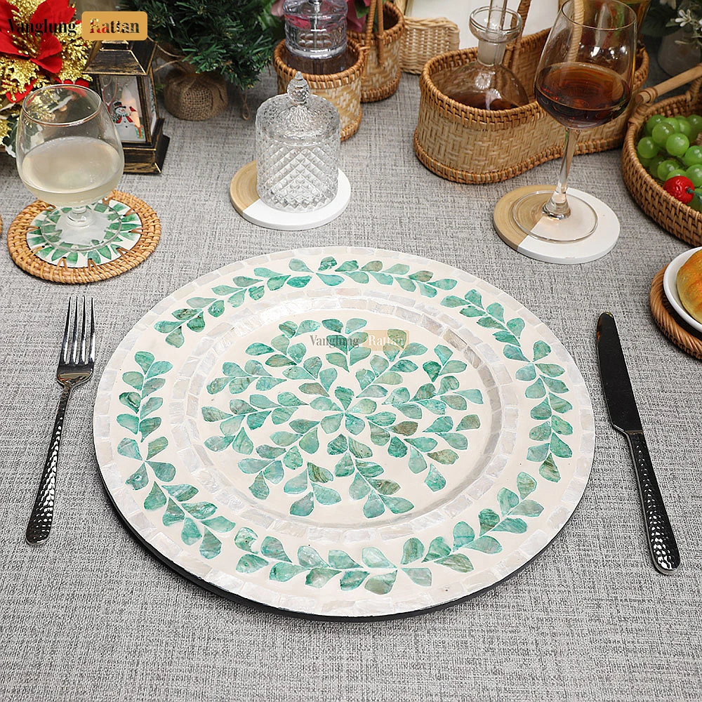 Rattan Export Round Mother of Pearl Charger Plate with Botanical Leaf Design - REX-UP06KT1004