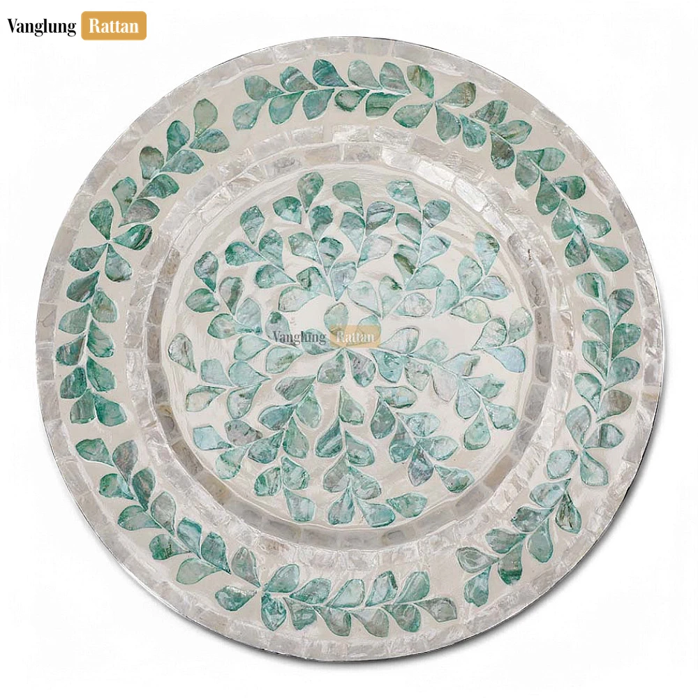 Rattan Export Round Mother of Pearl Charger Plate with Botanical Leaf Design - REX-UP06KT1004