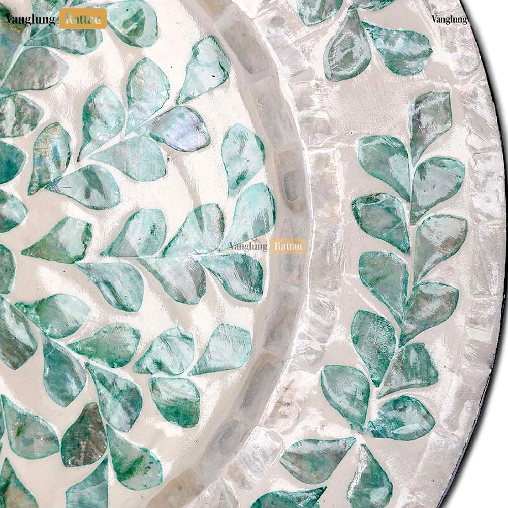 Rattan Export Round Mother of Pearl Charger Plate with Botanical Leaf Design - REX-UP06KT1004