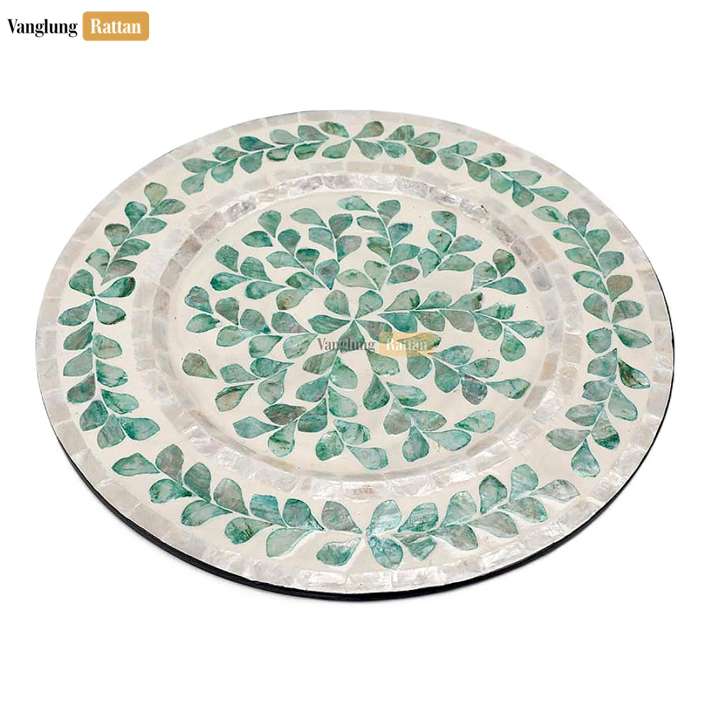 Rattan Export Round Mother of Pearl Charger Plate with Botanical Leaf Design - REX-UP06KT1004