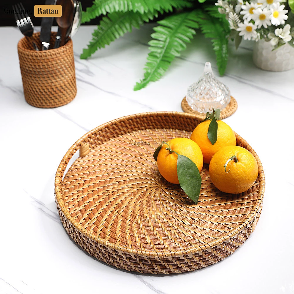 Rattan Export Brown Round High Quality Bamboo Rattan Serving Tray - REX-STRO021001