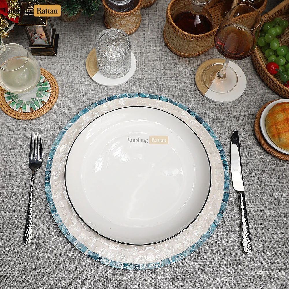 Rattan Export Blue Floral Mother of Pearl Mosaic Charger Plate - REX-UP06KT1003