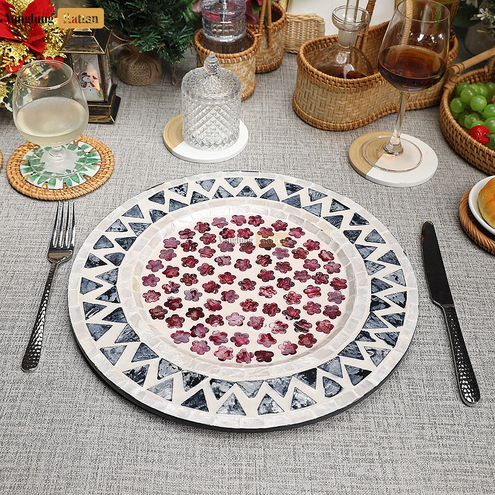 Rattan Export Pink Floral Mother of Pearl Mosaic Charger Plate - REX-UP06KT1002