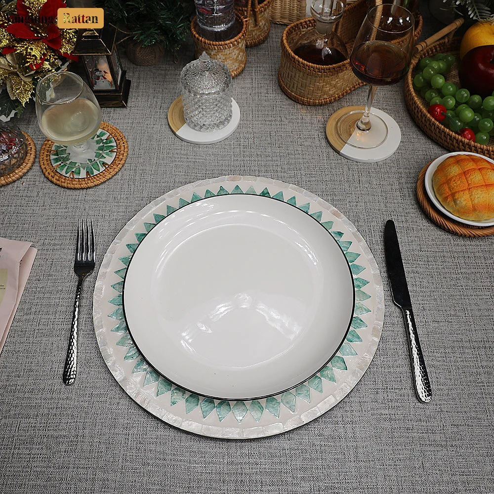 Rattan Export Round Mother of Pearl Charger Plate - Green Mosaic - REX-UP06KT1001