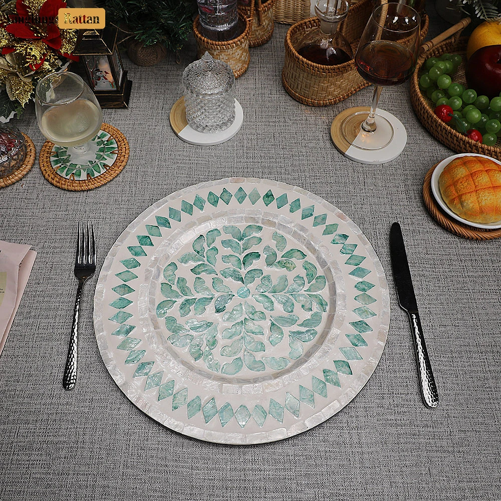 Rattan Export Round Mother of Pearl Charger Plate - Green Mosaic - REX-UP06KT1001