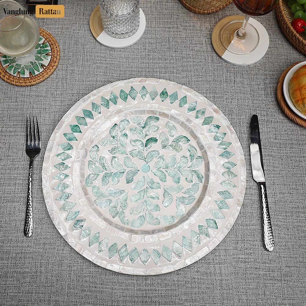 Rattan Export Round Mother of Pearl Charger Plate - Green Mosaic - REX-UP06KT1001
