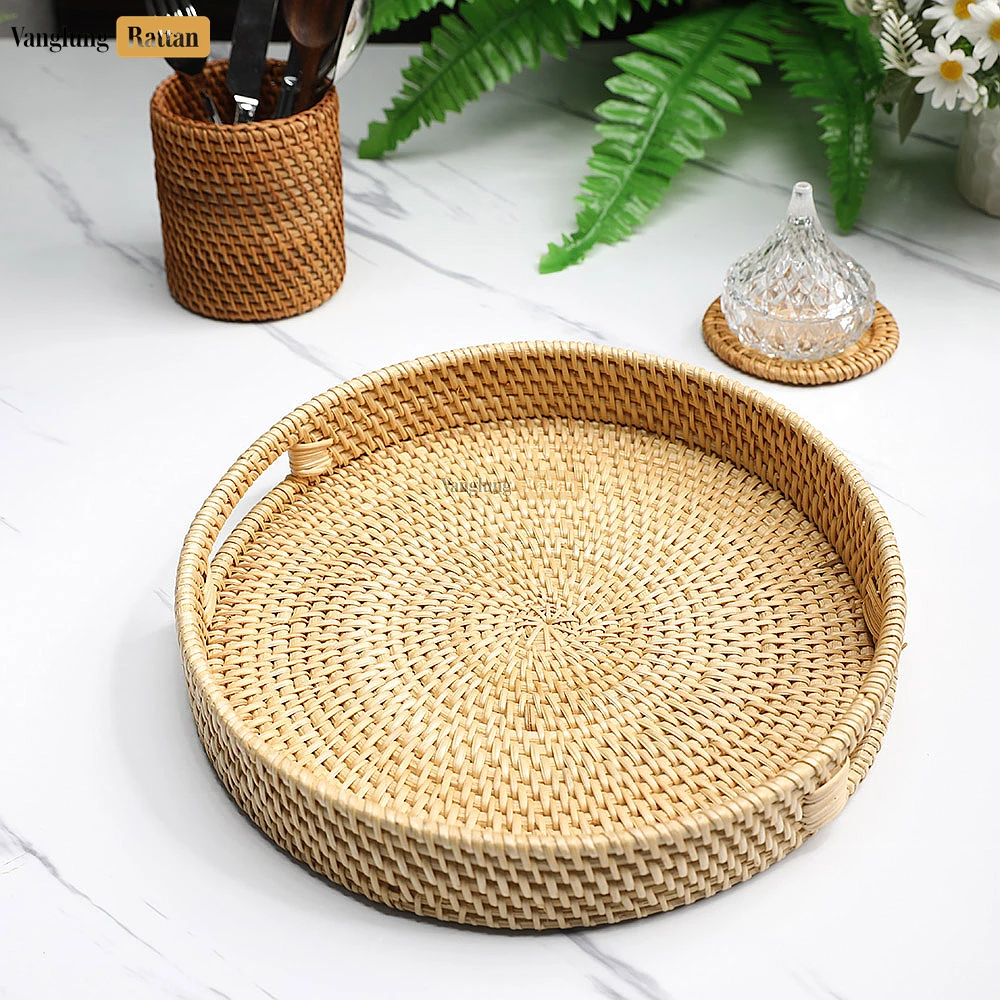 Rattan Export Gray Handle Round Bamboo Rattan Serving Tray - REX-STRO011011