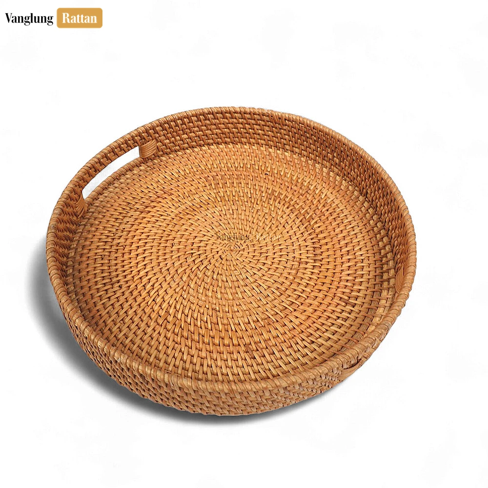 Rattan Export Brown Handle Round Bamboo Rattan Serving Tray - REX-STRO011001