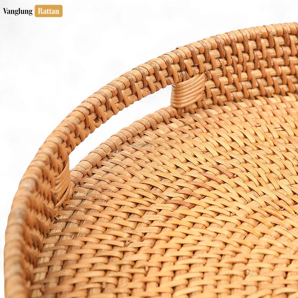 Rattan Export Brown Handle Round Bamboo Rattan Serving Tray - REX-STRO011001