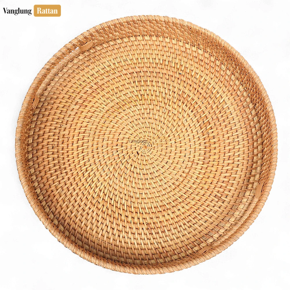 Rattan Export Brown Handle Round Bamboo Rattan Serving Tray - REX-STRO011001