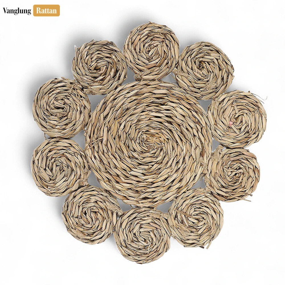 Rattan Export Brown Handwoven Water Hyacinth Placemat - Floral Herringbone Design for Decoration - REX-UP081007-2