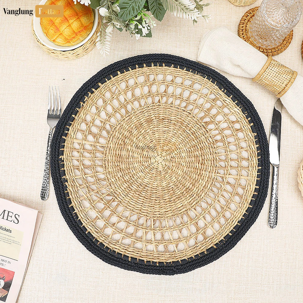 Rattan Export Handwoven Mesh Black Round Seagrass Placemat for Dinner Decoration - REX-UP092005