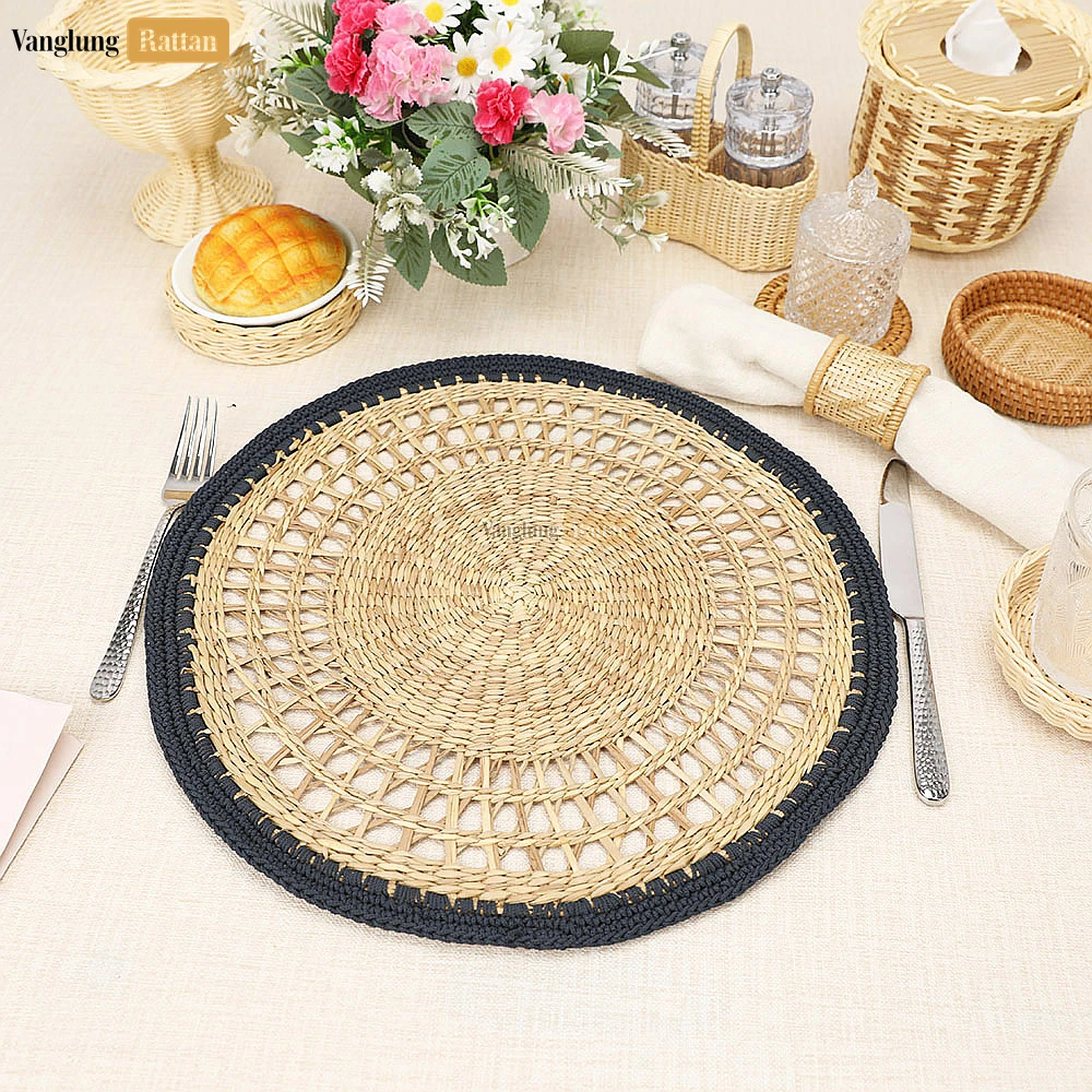 Rattan Export Handwoven Mesh Black Round Seagrass Placemat for Dinner Decoration - REX-UP092005