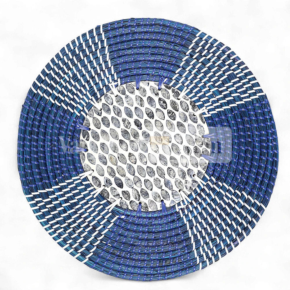 Rattan Export Blue Round Handicraft Concentric Mother of Pearl Seagrass Placemat for Decoration - REX-UP071001-2
