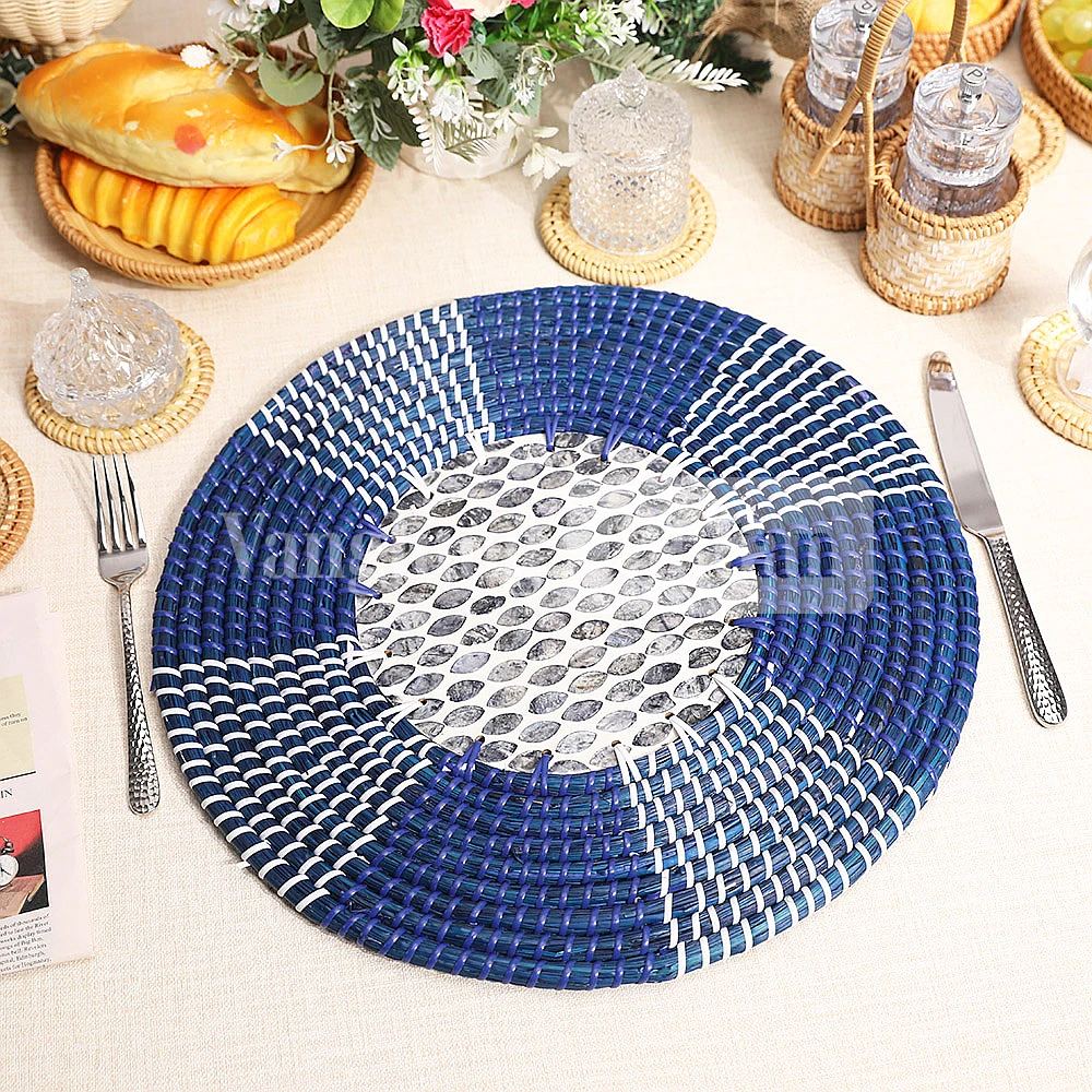 Rattan Export Blue Round Handicraft Concentric Mother of Pearl Seagrass Placemat for Decoration - REX-UP071001-2